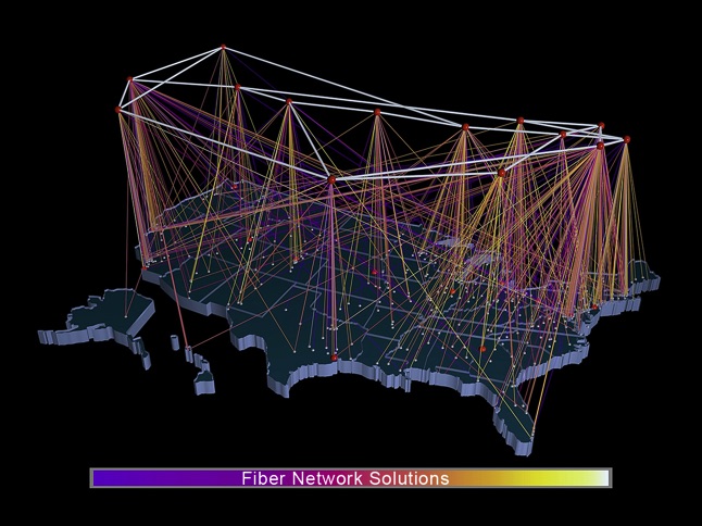 Visualization of the Fiber Network Solutions nationwide Tier-One Internet backbone spanning the United States, illustrating the high-capacity network infrastructure developed under the leadership of President and CEO David J. Koch.